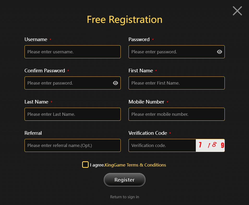 Register at KingGame Casino